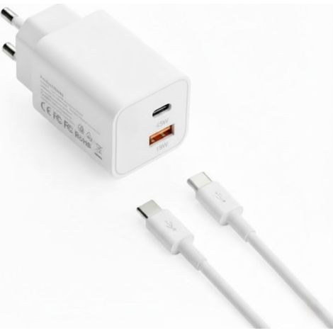Caricatore Ricarica Veloce USB-C Dual Port 45W Power Muro con Cavo 1 metro AS-48