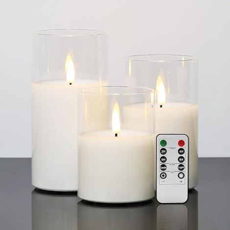 Bougies LED en verre transparent avec télécommande, effet flamme réaliste, sans flamme, lot de 3, diamètre 7,6 cm, hauteur 10,2 cm, 12,7 cm, 15,2 cm