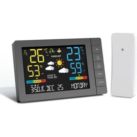 Station météo sans fil avec capteur extérieur, prévisions météorologiques, température, humidité, réveil, pression atmosphérique, distance de transmission de 100 m (1/5)