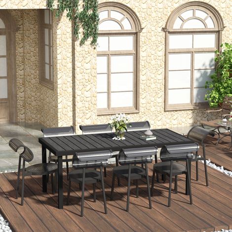 REDOM Mesa de jardín 190x90x74 cm, para 8 personas, efecto madera, patas ajustables, aluminio negro