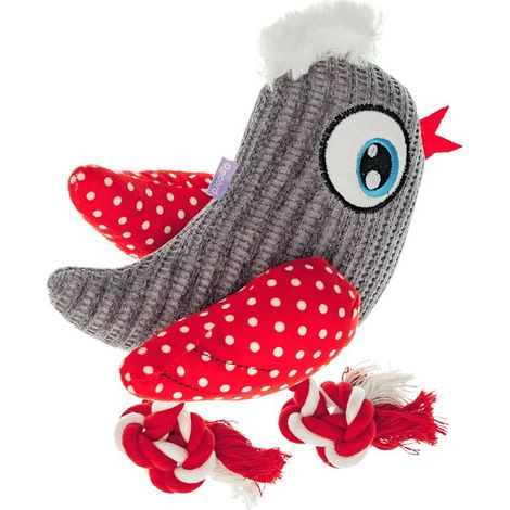 Gioco per cani natalizio peluche uccellino con corda red pois 25 cm