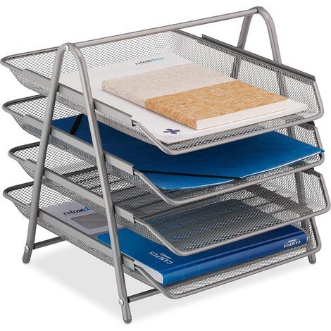 Porte-courriers, Range-Documents pour Format A4, 4 Compartiments, 32,5 x 30 x 35 cm, Aspect Maille, argenté (1/5)