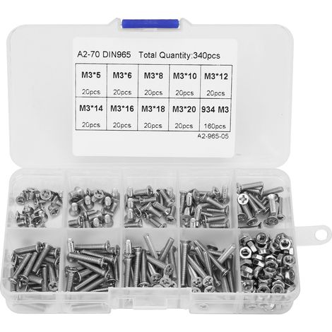 Kit d'assortiment de 340 vis à tête fraisée cruciforme M3 en acier inoxydable