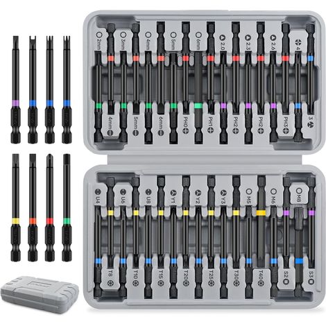 Set Embouts Tournevis 36 Pcs, Long 75mm – Embouts Sécurité Antivol Torx, Carré, XZN, Triangle – Acier Cr-V 6150, Tige Hex Compatible Perceuse (1/5)