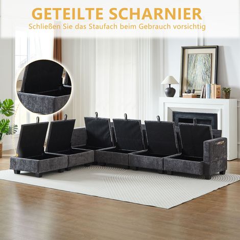 Canapé d'angle modulable 6 places en chenille grise, convertible, configuration U/L, pouf mobile et rangements intégrés (1/5)