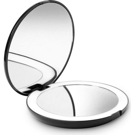 Espejo de bolsillo con luz LED, aumento de 1x/10x - Espejo de maquillaje grande de mano con iluminación natural, 9 cm de diámetro, compacto y portátil para viajes (negro)