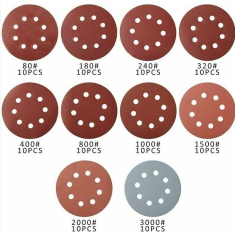 100 pièces disque abrasif disque abrasif papier de verre pour ponceuse circulaire grain 80/180/240/320/400/800/1000/1500/2000/3000 125mm (1/4)