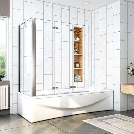 Mamparas de Bañera Cristal Plegable 3 Hojas Pivotante 6mm Antical Con Pantalla Fija 130x70x140cm (1/5)