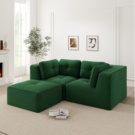 Sofá esquinero modular verde en pana con reposapiés móvil y diseño sin montaje (1/5)