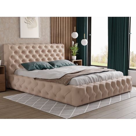 Emporius Lit double 200x200 cm Glory, lit glamour Chesterfield en velours avec rangement, sommier à lattes, Beige (1/4)