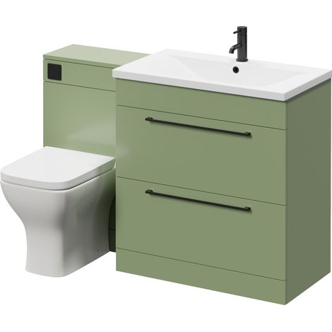 Napoli 460 Olive Green 1300mm 2 Drawer Vanity Unit Toilet Suite with Glide Basin - 1300mm - Matt Black 480mm HandleWith Kingston Toilet Pan and Seat