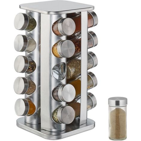 Relaxdays – Carrousel à épices rotatif à 360° – 20 pots en verre – Support en acier inoxydable argenté H 34 x D 19 cm – Rangement de cuisine moderne (1/5)
