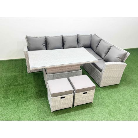 Fimous 8 Seat Rattan Garden Furniture Corner Sofa Set Outdoor Adjustable Lifting Dining or Coffee Table Set with Armchair 2 Small Footstools Light Grey (1/4)