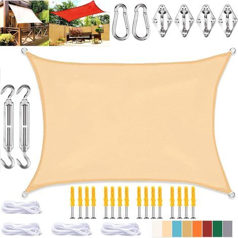 Voile d'ombrage rectangulaire, toile imperméable avec protection UV et kit de fixation, pour terrasse et jardin, beige, 3 x 5 m (1/5)