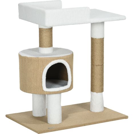 Albero tiragraffi per gatti 79 cm con cuccia e cuccetta in juta marrone e bianco (1/5)