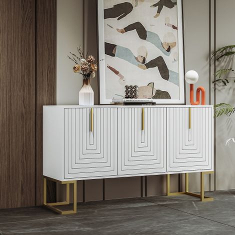 Credenza moderna a 3 ante con ripiani regolabili, ante a U, maniglie in metallo e zoccolo per sala da pranzo e cucina (bianca) (1/5)