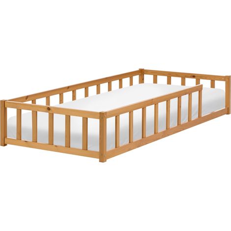 Kids Floor Bed Brown Pine Wood EU Single Size 3ft with Slatted Frame Bed for Toddler MEYMAC