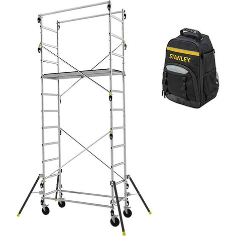 Matisère – Échafaudage roulant alu passage étroit – Hauteur de travail max 4.7m – Plancher antidérapant – Sac à dos de chantier 600x600mm – 347703SAC