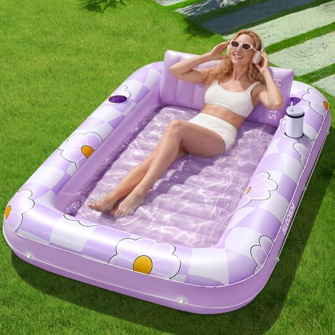 Lit à eau gonflable à fleurs violet-blanc avec baignoire intégrée (avec 2 porte-boissons et appui-tête) – Tapis flottant de luxe pour piscine et jardin