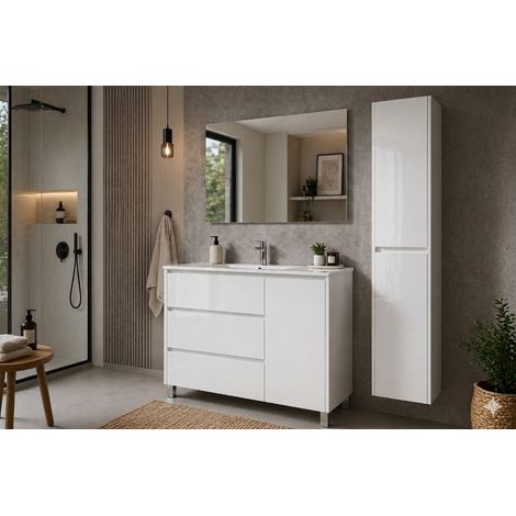 Ensemble Meuble de salle de bain VOLUM Livré Monté 3 tiroirs et porte, lavabo et miroir Blanc brillant 100x45 cm avec colonne