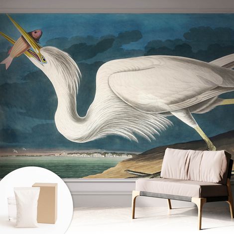 Papier peint intissé mural classique avec imprimé motifs décoratifs design élégant non‑tissé Oiseau avec un poisson 312x219 cm (1/5)