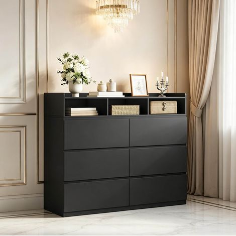 Commode 120x40x100 cm en bois noir avec 6 tiroirs et 3 niches, gain de place pour entrée – MEUBLIV (1/5)