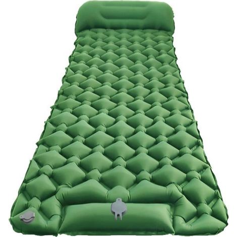 Matelas de camping extra épais (9,9 cm) gonflable avec oreiller intégré et pompe à pied intégrée. Dimensions : 188 x 58 cm. Sac (1/4)
