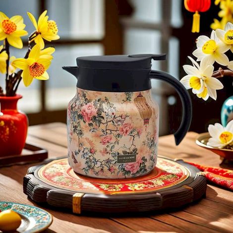 Théière isotherme à motif floral rétro avec filtre à thé, 800 ml