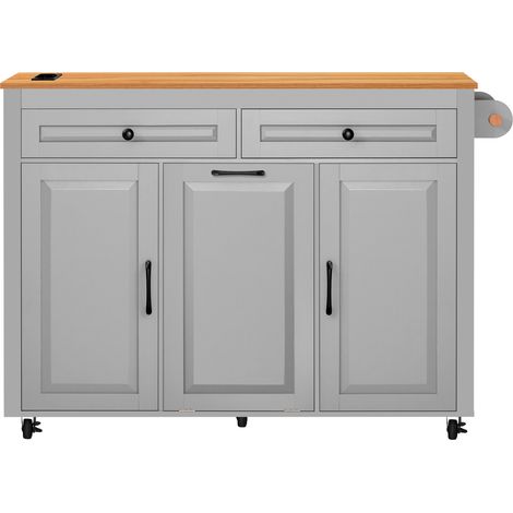 Îlot de cuisine mobile en MDF avec plan de travail extensible et compartiment poubelle, équipé de prises intégrées, couleur grise (1/5)