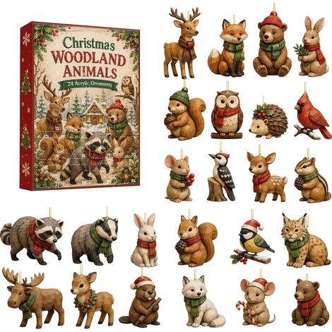Adventskalender 2026 mit Waldtieren – 24-tägiger Countdown-Kalender mit 2D-Acryl-Weihnachtsbaumschmuck – Vintage-Waldtierdekorationen für Zuhause, Fenster, Kamin und Büro – Geschenk für Erwachsene und (1/5)