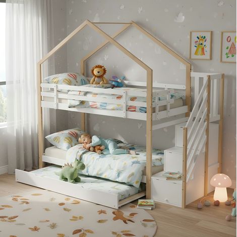 Litera infantil 223,5/95,5/255 cm blanco y natural de madera maciza y MDF con cama nido extraíble (1/5)