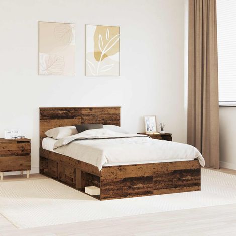 Cadre de lit 120 x 200 cm avec tête de lit, pin massif, bois d’ingénierie, bois ancien - PANGIVO (1/5)