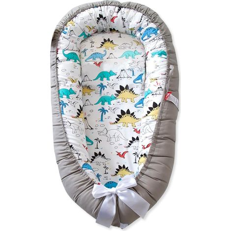 Portable Baby Cot Reducer, Cocoon Newborn Soft Breathable Travel Moses Basket with 100% Cotton Reversible Washable Cover, 88 x 53 cm (Grey Dinosaur) (1/5)