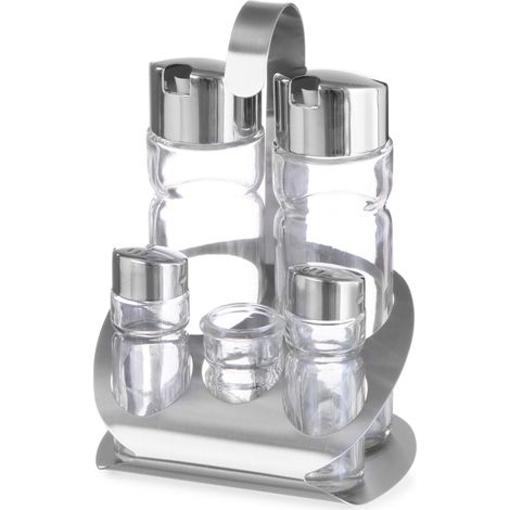 Juego de especias de acero inoxidable con sal, pimienta, aceite de oliva, vinagre y palillos de dientes - Hendi 465363 (1/2)