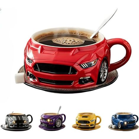 Kreativer, doppelwandiger Edelstahl-Kaffeebecher in Autoform, robust, handgefertigt, für Auto, Büro, Wasser, Untersetzer nicht enthalten, rot (1/5)