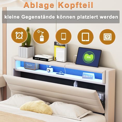 Lit double 160x200 cm avec prise USB et éclairage LED, tête de lit réversible, pied de lit dissimulé, sommier plat, lit ado et adulte, tissu lin beige (1/5)