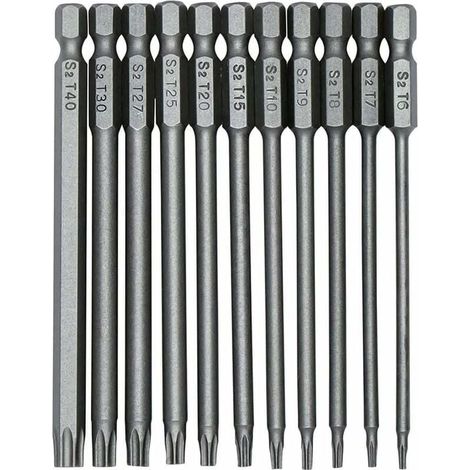 11 puntas de destornillador Torx de 100 mm S2 de 1/4 de pulgada, vástago hexagonal de precisión, destornillador de seguridad magnético, broca T6-T40, destornillador Torx largo. (1/4)