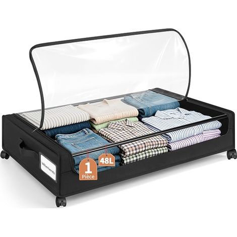 Boîtes de Rangement sous Lit avec Roulettes, Sac de Rangement Sous le Lit Fenêtre Transparente et Structure Métallique, Rangement pour Vêtements Chaussures, Couvertures (Noir) (1/5)