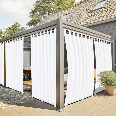 Rideau d'extérieur 2 pièces résistant aux intempéries avec Sangles à Scratch, Voilage Balcon terrasse, Protection Solaire et intimité, Passants en Bas, H220 x L155 cm, Blanc (1/5)