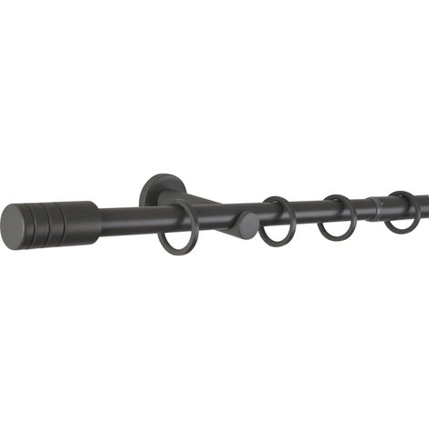 ondeco Gardinenstange ausziehbar 1-lauf, Vorhangstange Fenster Wandmontage, Endstück Rille Komplettgarnitur Teleskopstange 16/19 mm mit Ringen -  Darkgray - 120-210 cm