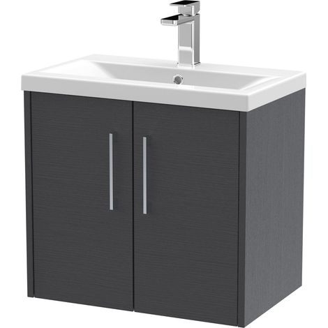 Winshill Contemporary 2 Door Wall Hung Vanity Unit with Mid-Edge Basin, Woodgrain Dark Grey, 600mm (1/4)
