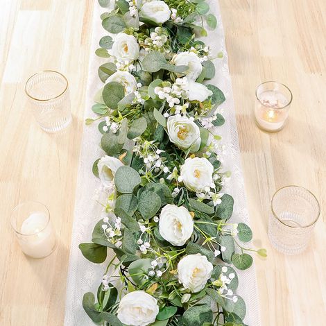 Lot de 2 guirlandes de Fleurs d'eucalyptus artificielles de 4 m avec Roses Blanches, guirlandes de Verdure et de gypsophile pour décoration de Mariage, Maison, fête, Chemin de Table (2 (1/5)