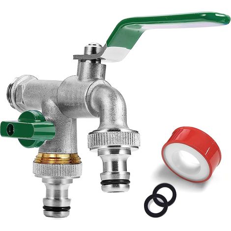 MINKUROW Gartenhahn, 3/4-Zoll-Wasserhahn mit doppeltem Auslass, rost- und frostbeständig, mit 2 x 3/4-Zoll-Auslässen, 1 x Rollendichtband, doppeltem Anschluss und Schlauchende für Wasserhahn (grün) (1/5)