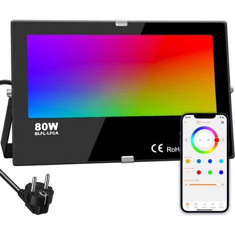 1 Projecteur LED extérieur 80W, RGBW 16 millions couleurs, Bluetooth Mesh, IP66 étanche, Minuteur, Cour Jardin