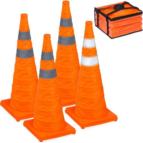 Relaxdays Set of 4 Traffic Cones, Collapsible, with Reflector Strips, Folding Markers with Bag, 70 x 29 x 29 cm, Orange