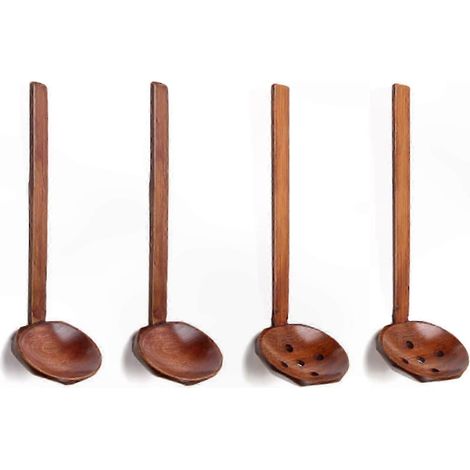 Jeu de 4 cuillères en bois à long manche, résistantes à la chaleur et écologiques pour cuisiner, parfaites pour soupe, porridge, ramen et fondue chinoise (1/5)