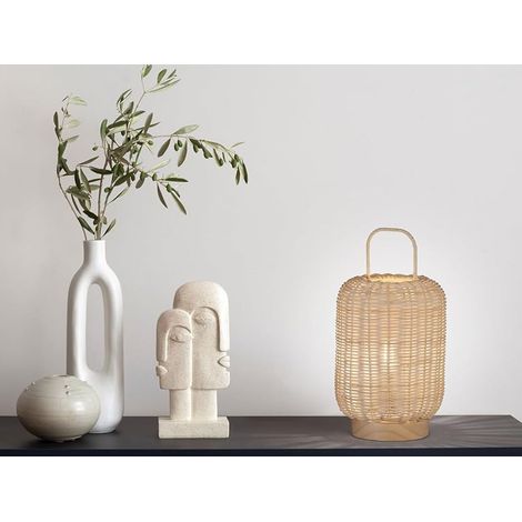 LED Tischlampe dimmbar, Laterne aus Holz & Korbgeflecht, Höhe 28,5cm (1/5)