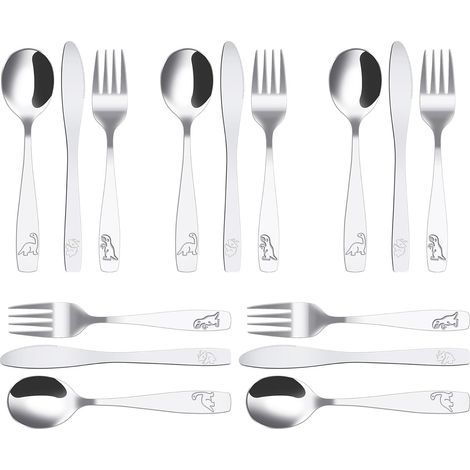 BUNTHAUS 15Pcs Couverts Enfant INOX 5 x Fourchette 5 x Cuillère 5 x Couteau Dentelé Sûr Couverts Enfant INOX Jungle Dinosaure Gravé Couvert Bebe INOX pour Enfant Maison Restaurant École Garderie