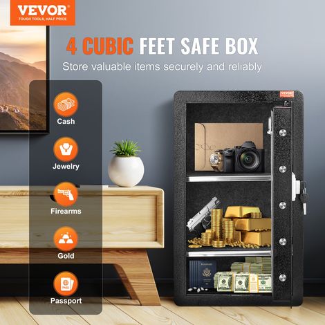Coffre-fort à Porte Simple 113 L, 3 Façons de Déverrouillage (Clé, Mot de Passe et Empreinte Digitale), avec Sac Ignifuge, Porte-Cl… (1/5)