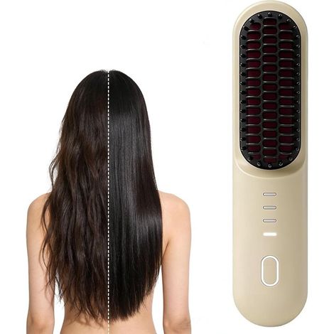 Brosse lissante sans fil rechargeable avec écran LCD, mini lisseur à chauffe rapide, compact pour voyages et déplacements, blanc cassé (1/5)